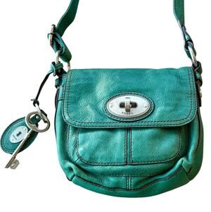 Fossil Maddox Teal Green Leather Crossbody Bag Key Charm Turnlock Y2K Vintage